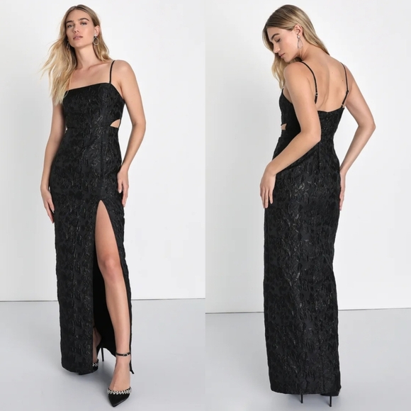 Lulus Gorgeously Chic Black Floral Jacquard Cutout Maxi Dress S Wedding Party - Picture 1 of 10